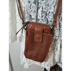 Milo Genuine Leather Brown Woven Phone Crossbody Bag Wallet RFID Protected